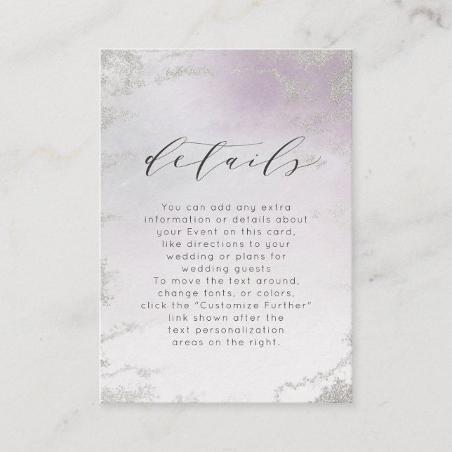 Tarjeta De Recepción Ombre Lila Plateado Holográfico Detalles de Boda (Anverso)