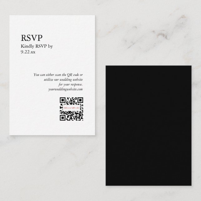 Tarjeta De Recepción Opción de código QR RSVP blanco negro de moda (Anverso / Reverso)