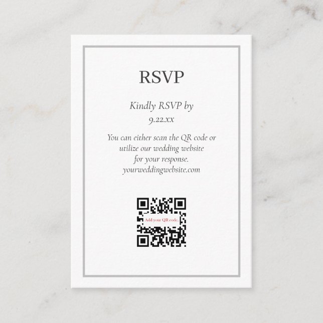 Tarjeta De Recepción Opción de código QR RSVP Gris simple y elegante (Anverso)