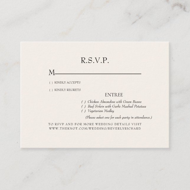 Tarjeta De Recepción Opciones de cena crema Gabinete RSVP de boda (Anverso)
