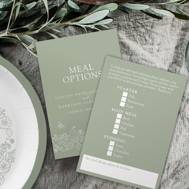 Tarjeta De Recepción opciones de comida boda sage flor blanca verde (Subido por el creador)