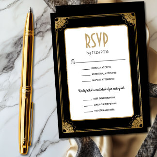 Tarjeta De Recepción Opciones de comida estilo Art Deco de oro negro RS