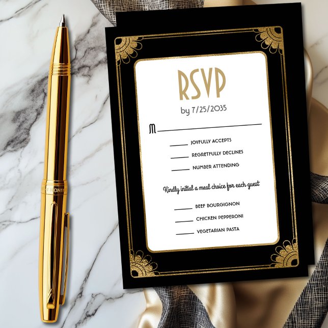 Tarjeta De Recepción Opciones de comida estilo Art Deco de oro negro RS (Chic black and gold art deco wedding RSVP enclosure card with three meal choices)