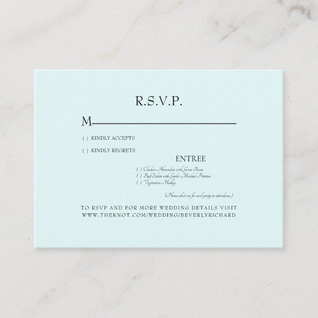 Tarjeta De Recepción Opciones de la cena de Seafoam Boda Gabinete RSVP (Anverso)