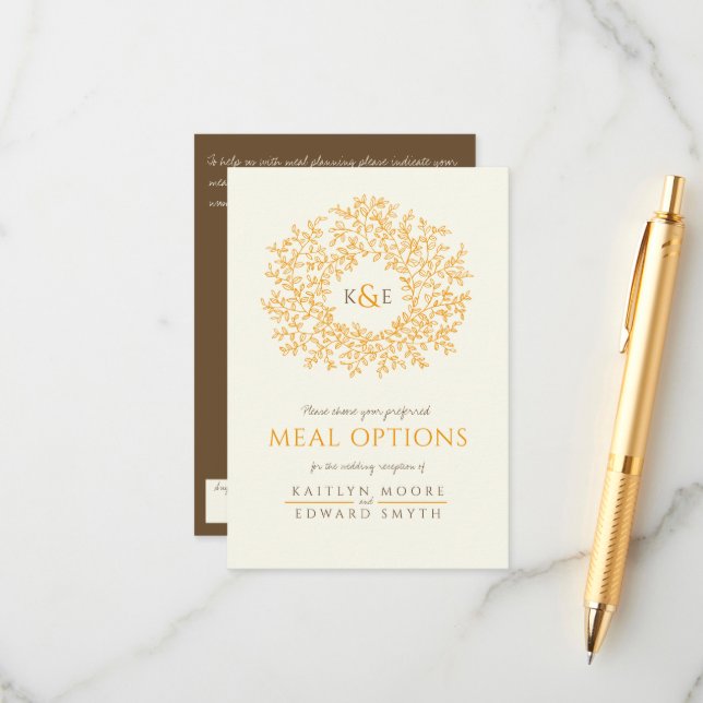 Tarjeta De Recepción Opciones de las comidas en monograma de hoja naran (Anverso/Reverso In Situ)