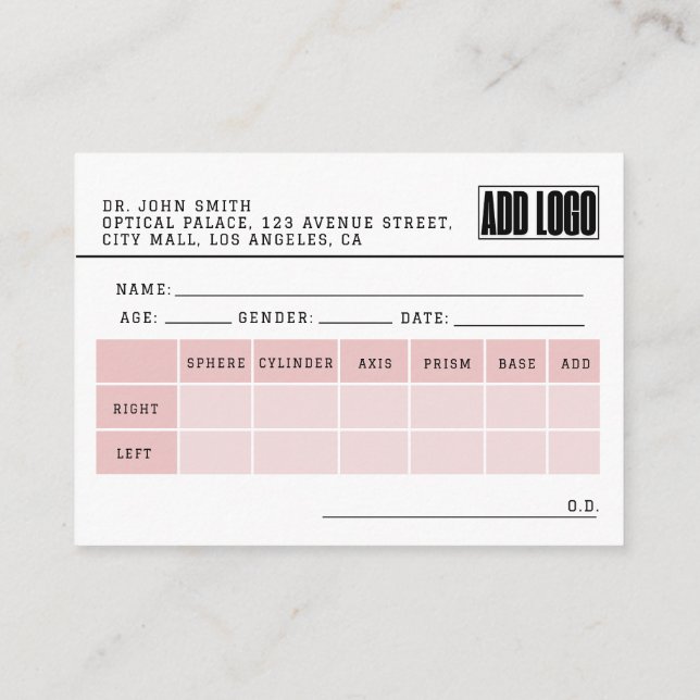 Tarjeta De Recepción Optometrist Spectacle Prescriptation Business (Reverso)
