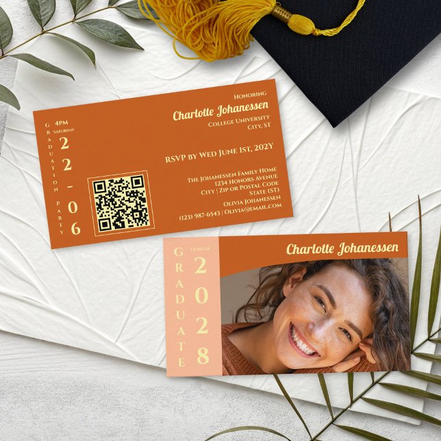 Tarjeta De Recepción Orange Modern Photo  QR Code Graduation Party  (Subido por el creador)