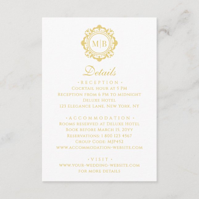 Tarjeta De Recepción Ornate Floral Monograma Elegante Boda Gold (Anverso)