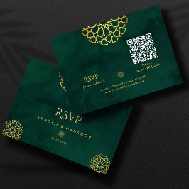 Tarjeta De Recepción Ornato de oro verde esmeralda código QR Boda RSVP