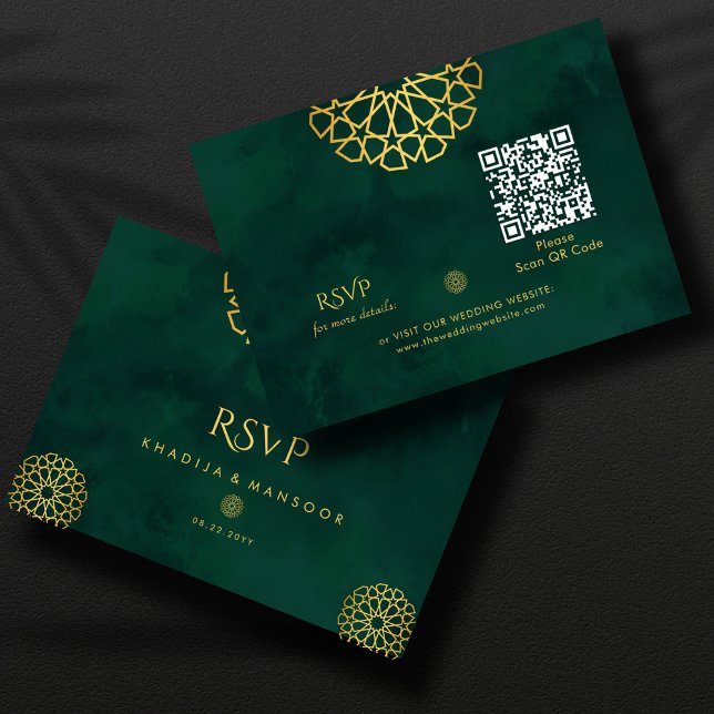 Tarjeta De Recepción Ornato de oro verde esmeralda código QR Boda RSVP (Subido por el creador)