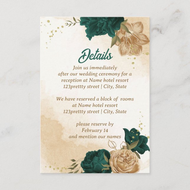 Tarjeta De Recepción Oro dorado beige esmeralda botánico (Anverso)