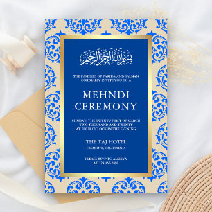 Tarjeta De Recepción Oro Falso Hoja Azul Damasco Ceremonia Islámica Meh