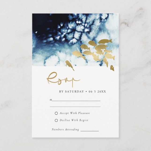 TARJETA DE RECEPCIÓN ORO NAVY SUBMARINO MAR PESCADO BODA RSVP ENCLOS (Anverso)