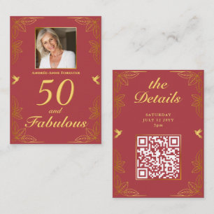 Tarjeta De Recepción Oro Rojo Moderno 50 Fabuloso Código QR de cumpleañ