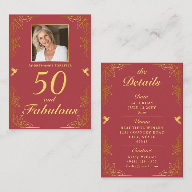 Tarjeta De Recepción Oro Rojo Moderno 50 Fabuloso Cumpleaños (Anverso / Reverso)