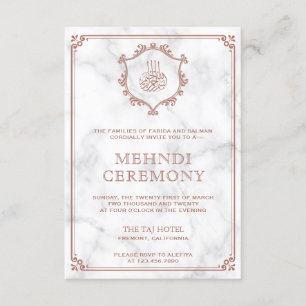 Tarjeta De Recepción Oro Rosa Florecer Mármol Blanco Mehndi Islámico