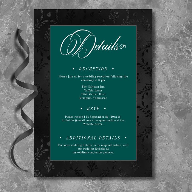Tarjeta De Recepción Oscuro Gótico Negro Floral satín Damask Boda Verde (Subido por el creador)