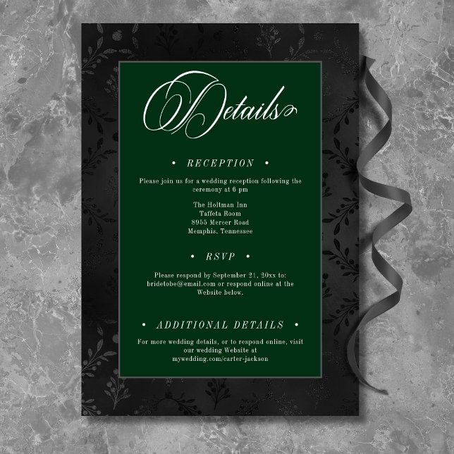 Tarjeta De Recepción Oscuro Gótico Negro Floral Satin Damask Verde (Subido por el creador)