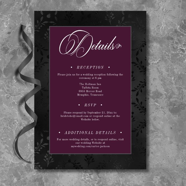 Tarjeta De Recepción Oscuro Gótico Negro Floral satino Damask Wine Boda (Subido por el creador)