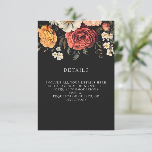 Tarjeta De Recepción Oscuro + Moody Elegante Boda Floral Negro (Anverso de pie)