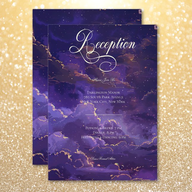 Tarjeta De Recepción Oscuro Moody Purple & Gold Moonlit (Dark Moody Purple & Gold Moonlit Clouds Reception Enclosure Card)