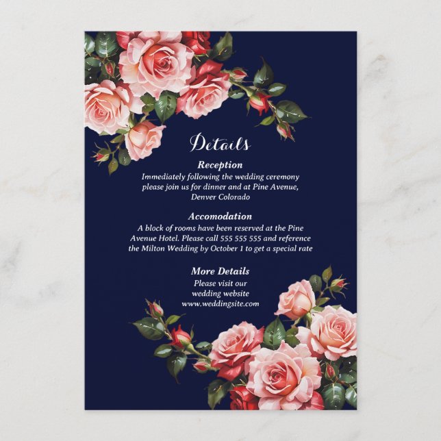 Tarjeta De Recepción Oscuro moody rosa y rosas rojas azul marino boda (Anverso)