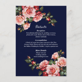 Tarjeta De Recepción Oscuro moody rosa y rosas rojas azul marino boda