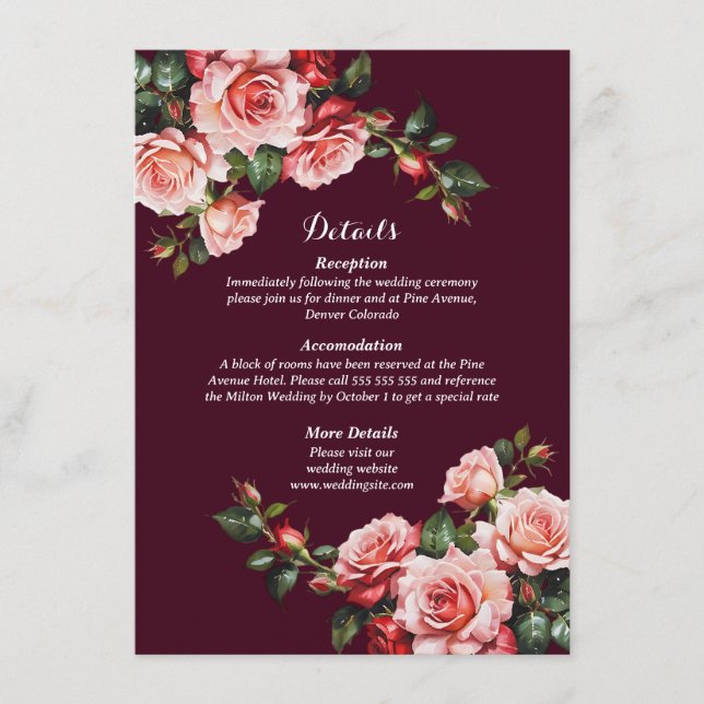 Tarjeta De Recepción Oscuro moody rosa y rosas rojas burdeos boda (Anverso)