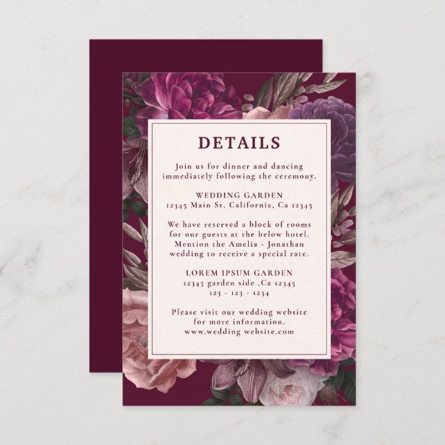 Tarjeta De Recepción Oscuro Moody Winter Burgundy y Maroon Floral Boda (Anverso / Reverso)