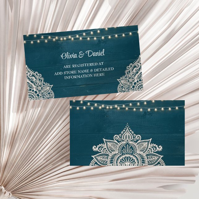 Tarjeta De Recepción Oscuro Verde azulado Rústico Elegancia Registro In (Dark Teal Rustic Elegance Registry Insert Card on a sunny white dry palm leaf.)