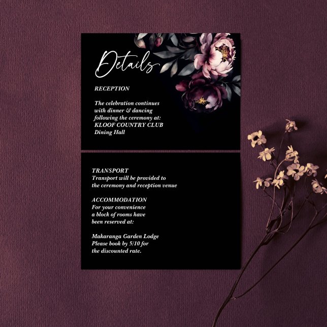 Tarjeta De Recepción Oscuros detalles de la elegante boda de Moody Noir (Dark moody noir elegant wedding details enclosure card burgundy peonies floral rsvp card)