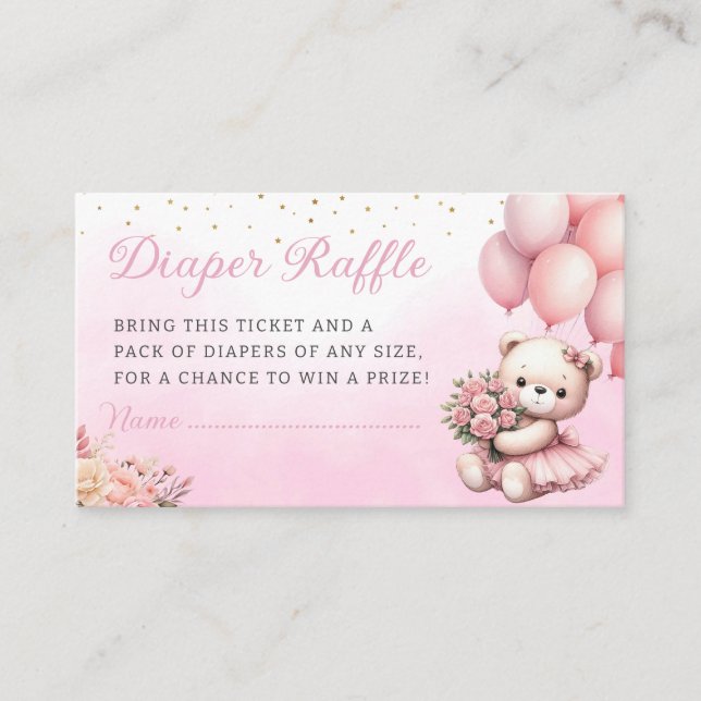Tarjeta De Recepción Oso de peluche Boho Floral Diaper Raffle Baby Show (Anverso)