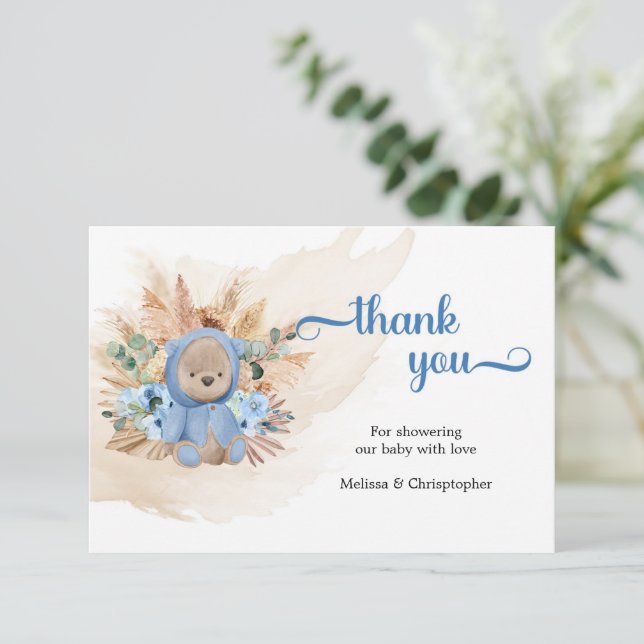 Tarjeta De Recepción Oso de peluche pampas flores azules hojas de palma (Anverso de pie)