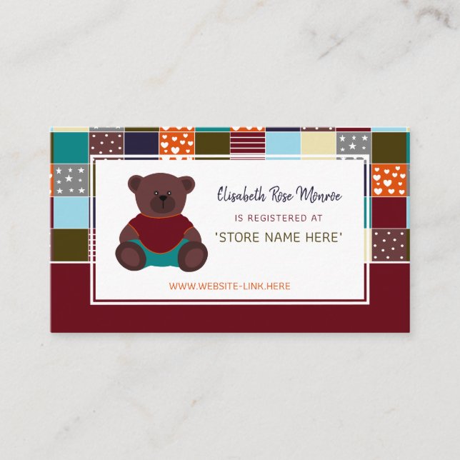 Tarjeta De Recepción Oso de peluche patchwork, Registro de regalos para (Anverso)