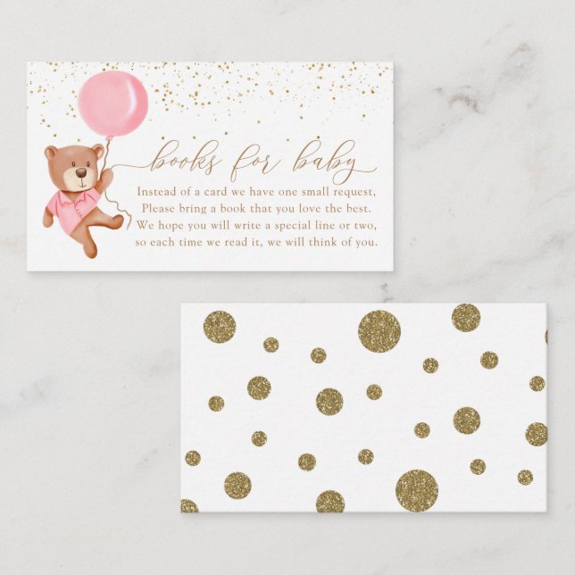 Tarjeta De Recepción Oso de peluche rosa con globos para bebé (Anverso / Reverso)