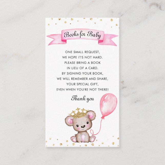 Tarjeta De Recepción Oso rosado de libros de Baby Shower para bebé (Anverso)