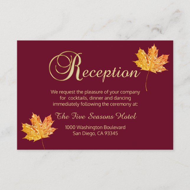 Tarjeta de RECEPCIÓN Otoño Burgundy Dorado Elegant (Anverso)