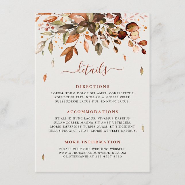 Tarjeta De Recepción Otoño deja detalles de boda rústica por campo (Anverso)