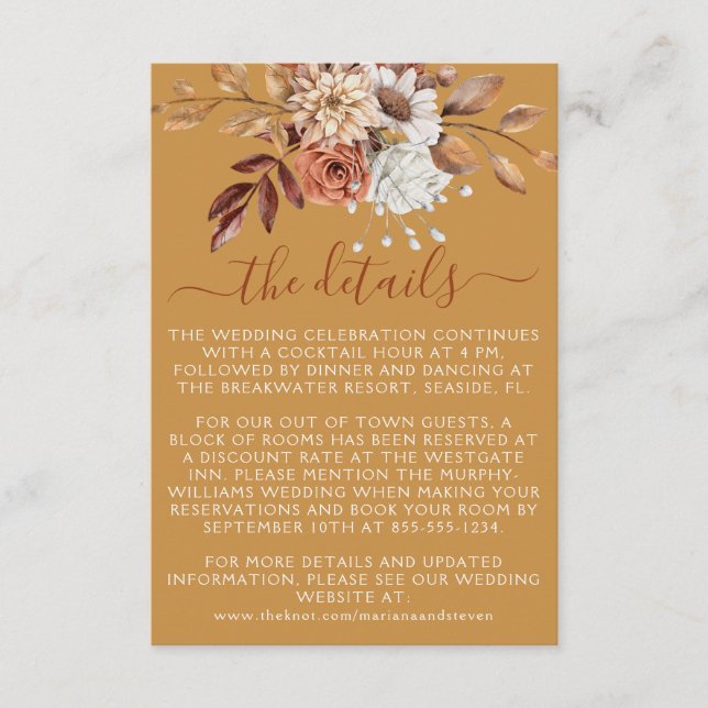 Tarjeta De Recepción Otoño Floral Bouquet en Boda de oro (Anverso)