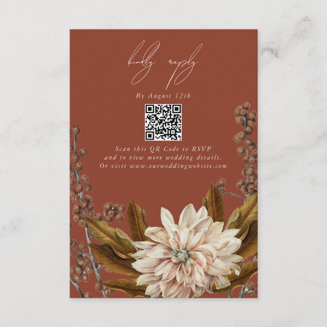 Tarjeta De Recepción Otoño Floral Terracotta Boda otoño Código QR (Anverso)