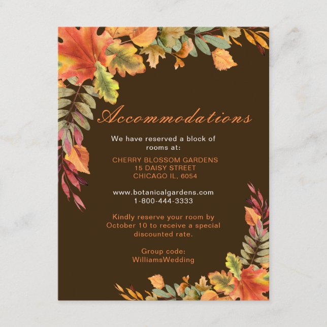 Tarjeta De Recepción Otoño Rústico Otoño Deja El Alojamiento Boda (Anverso)