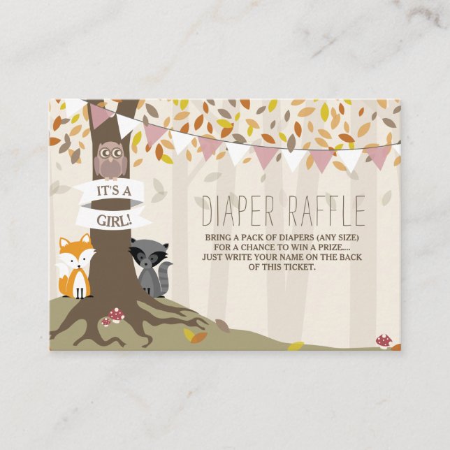 Tarjeta De Recepción Otoño Woodland Criaturas Baby Girl Diaper Raffle (Anverso)