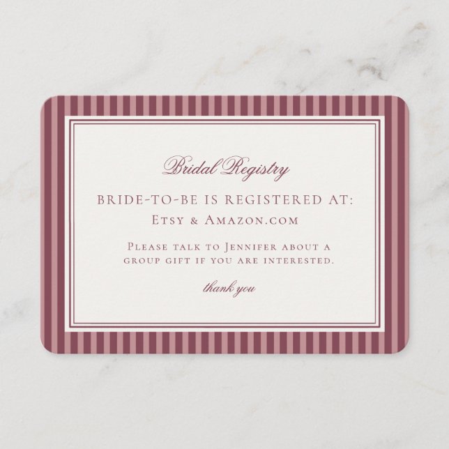 Tarjeta De Recepción OWine Vineyard Club Old Money Bridal Registry (Anverso)