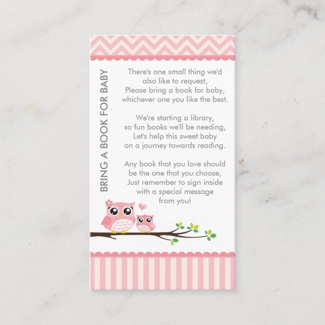 Tarjeta De Recepción Owl Baby Shower Pink Bring a Book Shower (Anverso)