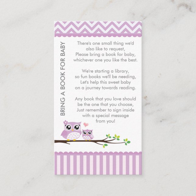 Tarjeta De Recepción Owl Baby Shower Purple Bring a Book Shower (Anverso)