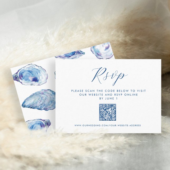 Tarjeta De Recepción Oyster Boda QR RSVP Blue Watercolor (Oyster online RSVP card with QR Code and Elegant blue watercolor oyster shells by Concertina Press)