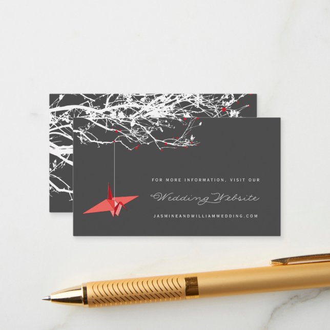 Tarjeta De Recepción Página web del Boda asiático de la grúa colgando p (Anverso/Reverso In Situ)