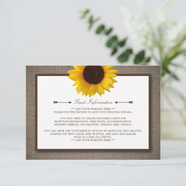 Tarjeta De Recepción País Rústico Girasol y Boda Burlap (Anverso de pie)