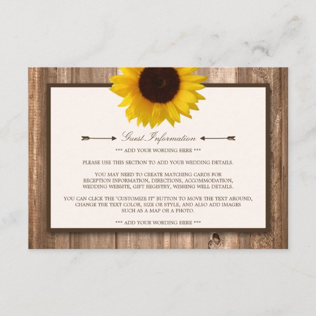 Tarjeta De Recepción País Rústico Girasol y Boda de Madera Marrón (Anverso)