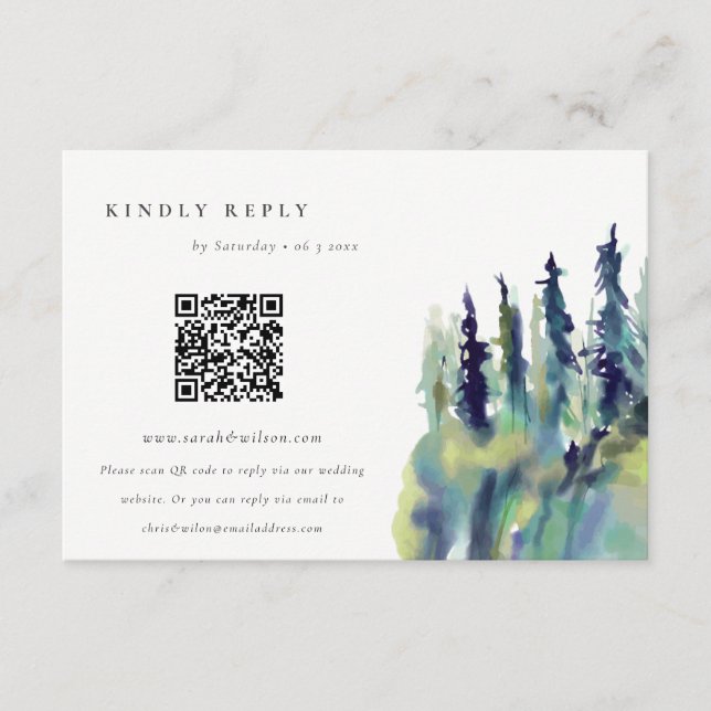 Tarjeta De Recepción Paisaje de montaña de pino Boda QR Código RSVP (Anverso)